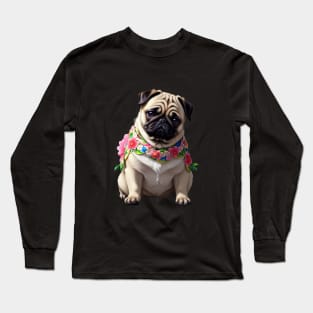 Pug Puppy in Flowered Scarf Long Sleeve T-Shirt